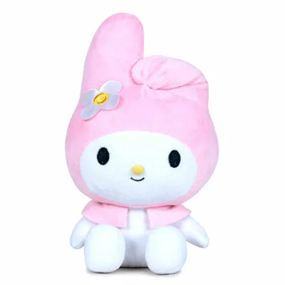 A plush toy of My Melody, a Sanrio character, is shown sitting against a white background.