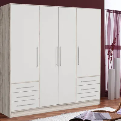 Image de Armoire de chambre à coucher en chêne sable et blanc, 4 portes, 206,5 cm