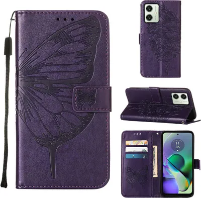 Produktbild von Lederhülle für Motorola Moto G54 Schmetterling Prägung Flip Ledertasche Kartenfächer Handyhülle mit Ständer Lila