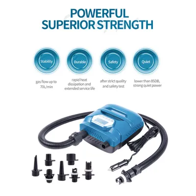 A blue electric air pump with various nozzles and a car charger.