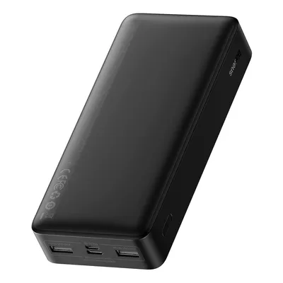 A black power bank is shown against a white background.