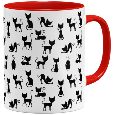 Kaffeetasse mit Katzenmotiv, Keramik, 325 ml, rot
