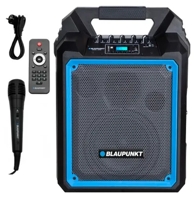 A Blaupunkt audio system with a microphone, remote control, and power cable, displayed against a white background.