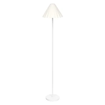 A white floor lamp with a pleated lampshade stands against a white background.