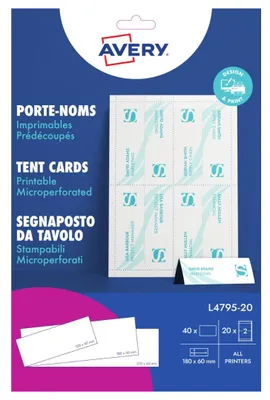 Image de Avery - Carte de tente Avery L4795-20 180x60mm Blanc 40pcs | Obtenir 20 pièces