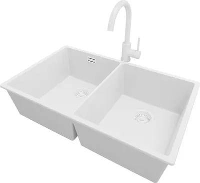 Produktbild von PRIMAGRAN Unterbauspüle Granit Alles Weiß 76x47cm, Spülbecken 2 Becken + Küchenarmatur 32x20cm + Ablauf-Set, Granitspüle ab 80er Unterschrank - London Twin