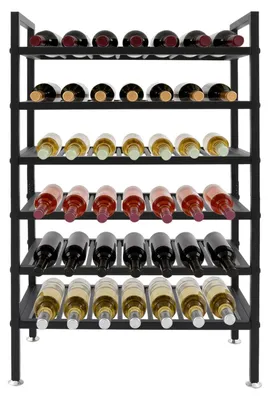 Zdjęcie produktu dla Regał na wino - Wolnostojący stojak na butelki wina, 6 półek - Wykonany z żeliwa - Obciążenie do 10 kg na półkę - Wymiary: 60x30x95 cm - Idealny do kuchni i jadalni - Kolor: czarny