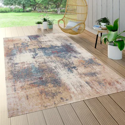 Produktbild von Outdoor Teppich Wetterfest Balkon Wohnzimmer Küche Vintage Abstrakt Beige Blau Grösse 160 cm Rund