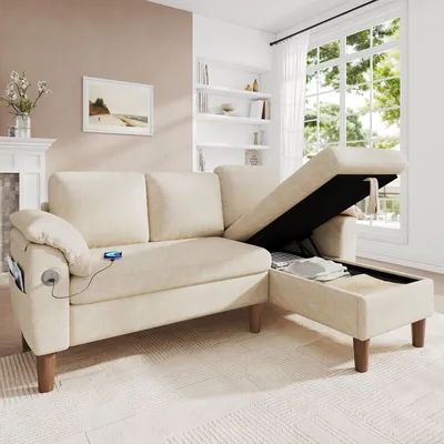 Produktbild von MODFU L-förmiges Ecksofa,181 x 125 x 88 cm,modulares Big Sofa mit Chaiselongue,modernes Polstermöbel mit Stauraum, Chenille-Sofa mit USB- und Type-C-Anschluss,Beige