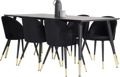 Produktbild von Dipp180x90BLBR Essgruppe Esstisch schwarz und 6 Velvet Esszimmerstühle Velour schwarz, Messing Nachbildung.