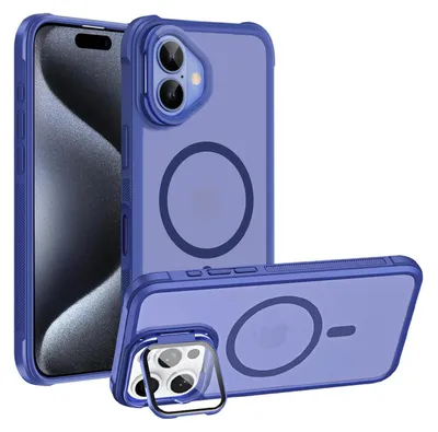 A blue and transparent iPhone case with a magnetic ring is shown from multiple angles against a white background.