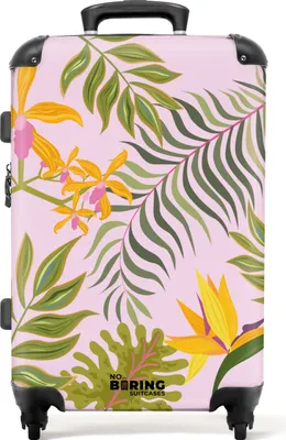 Produktbild von NoBoringSuitcases.com® Großer Koffer - Rosa mit bunten Blättern - Kombinationsschloss TSA - Hartschalen Trolley 4 Rollen - 72 liter - Reisekoffer - 66 cmKoffer Mittelgroß 67x43x25 cm, 72L,