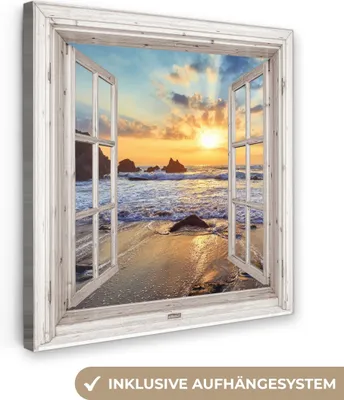 Produktbild von MuchoWow® - Leinwandbilder - Strand - Aussicht - Sonnenuntergang - Landschaft - Meer - Natur, Wandbild, Wanddeko Bilder Wohnzimmer, 50x50 cm