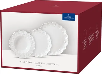 A product box displaying a set of white plates.