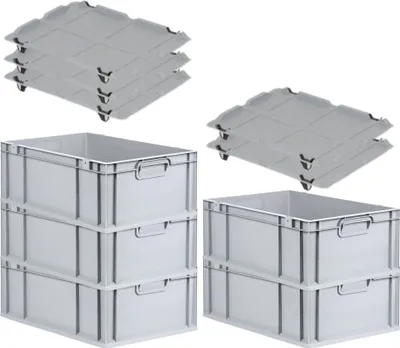 Produktbild von SparSet 5x Eurobox NextGen Grip mit Auflagedeckel inkl. 4 schwarzen Schiebeschnappverschlüssen | HxBxT 22x40x60cm | 44 Liter | Grau | Griffe geschlossen | Verstärkter Boden | Eurobehälter, Transportbox, Transportbehälter, Stapelbehälter