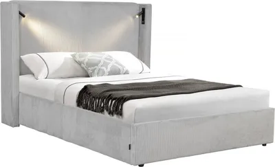 Image de Lit double en velours côtelé avec coffre et lampe intégré "Cortina" - 160 x 200 cm - Gris