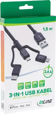 Produktbild von InLine 3-in1 USB Kabel, Micro-USB/Lightning/USB-C, schwarz/Alu, 1m MFi, 1,5 m, USB A, Micro-USB B, Stecker, Stecker, Schwarz