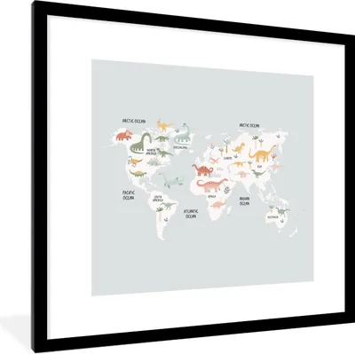 Produktbild von MuchoWow® Gerahmtes Poster Karte - Kind - Dino 40x40 cm - Poster mit Schwarzem Bilderrahmen Wandposter Rahmen Foto Bilder - Poster - Plakat im Rahmen