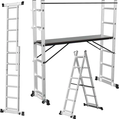 Produktbild von ISOISL Aluminium Klappgerüst Silber 6 Stufen, Mehrzweckleiter 4-in-1 mit Arbeitsplattform und Rollen, Multifunktionsleiter bis 150 kg