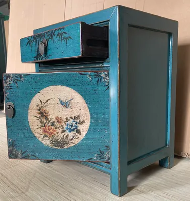 Produktbild von Chinesisches Nacht-Schränkchen asiatischer Nachttisch Kleiner Nacht-Schrank orientalische Schlafzimmer-Kommode Konsole blau-türkis, komplett montiert