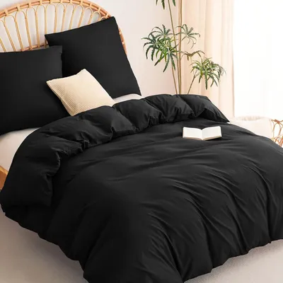Productafbeelding van TRANKIELO® - Dekbedovertrek 220x240 cm - 3-delige set met 2 kussenslopen - Zwart microvezel beddengoed