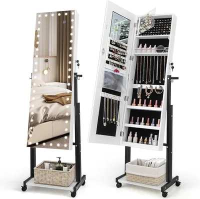 Imagen del producto de Espejo-armario para joyas con iluminación LED, incluye espejo de cuerpo entero y espacio de almacenamiento, caja para guardar joyas con cerradura, ruedas y altura ajustable, ideal para salones o dormitorios (blanco)