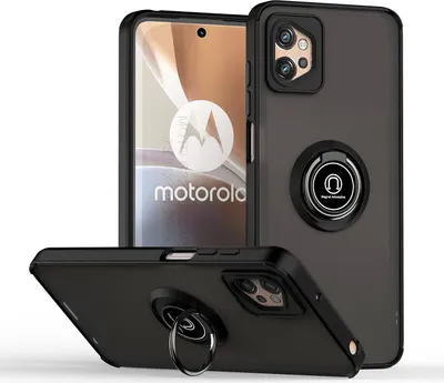 A black phone case with a ring holder is shown from multiple angles, with a Motorola phone partially visible in the background.
