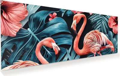 Produktbild von Glasbild 150x60cm in XXL für Wohnzimmer, Schlafzimmer Motiv Flamingos und Blumen