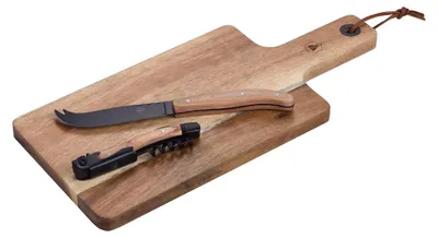Käse-Wein-Set: Käsemesser, Korkenzieher, Akazienholzbrett