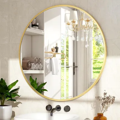Produktbild von MODFU Wandspiegel, Spiegel rund, 60 cm Badezimmerspiegel, Metallrahmen, einfache Montage, modern, für Bad, Wohnzimmer, Schlafzimmer, Flur, Eingangsbereich, Gold