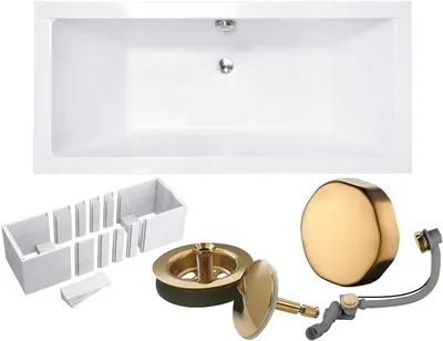 Produktbild von VBChome Acrylbadewanne 170 x 75 cm Weiß mit Styroporträger und Gold Siphon - Modern, langlebig und wärmeisolierend, perfekt für das Badezimmer
