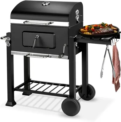 Immagine prodotto di Barbecue a carbone - Carrello per barbecue con ruote - Coperchio con termometro - Griglia e ripiani - 115x68x107 cm - Nero