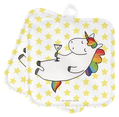 Produktbild von Mr. & Mrs. Panda 2er Set Topflappen  Einhorn Cocktail - Weiß - Geschenk, Caipirinha, Kochlappen, Geburtstag, topfhalter, Spaß, Ofenlappen, Party, Unicorn, Einhörner