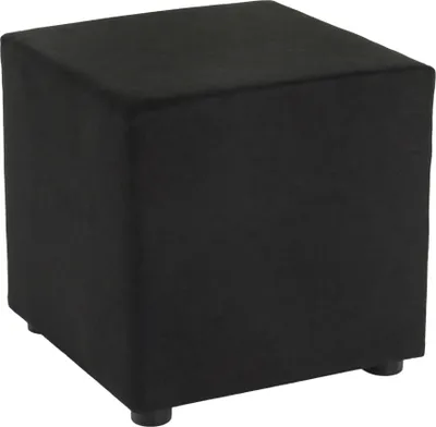 A black cube-shaped ottoman with four small legs is shown from a slightly elevated diagonal angle against a white background.