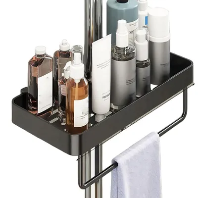 Produktbild von Duschablage, ohne Bohren, höhenverstellbar, Duschablage aus Aluminium, rostfrei, stabil und langlebig, mit Stange, Schwarz