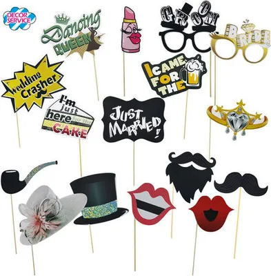 Produktbild von 12x Party Props Fotobox  Requisiten Accessoires Set "Hochzeit"  16-teiliges Set