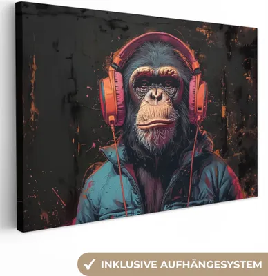 Produktbild von MuchoWow® - Leinwandbilder - Graffiti - Schimpanse - Kopfhörer - Affe, Wandbild, Wanddeko Bilder Wohnzimmer, 120x80cm