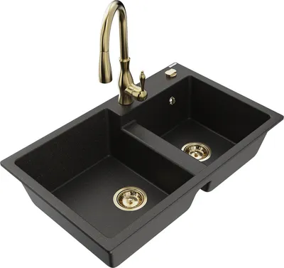 Produktbild von Mexen Tomas 2-Becken-Granitspüle mit Mischbatterie Savita, Schwarz/Gold metallisch - 6516-75-672601-50