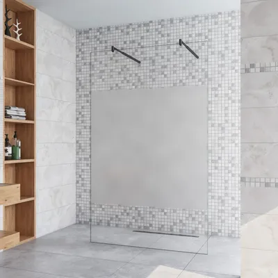Produktbild von 107.7x200cm+ mit 2  70-120cm Schwarz Stabilisator 8mm Nano Sicherheitsglas Walk in Milchglas Streifen Duschwand Duschabtrennung