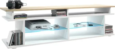 Produktbild von Vladon TV Board Movie V3 Game On 138,5 x 39 x 37,5 cm inkl. LED-Beleuchtung Weiß, Korpus in Weiß matt, Game Aufsatz in Eiche sägerau