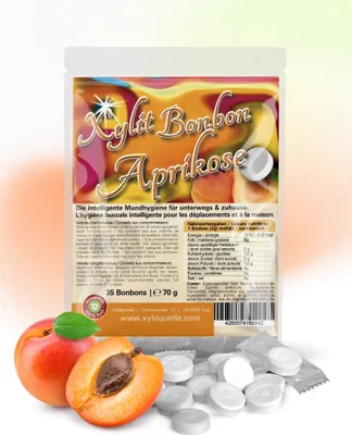 Produktbild von Xylit Birkenzucker Bonbons Aprikose | 100% mit Xylit gesüsst | 70g Inhalt | 35 Bonbons einzeln verpackt | mit natürlichem Aroma | zahnfreundlich