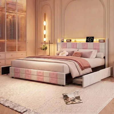 Obrázek produktu pro Postel s čalouněnou konstrukcí 140x200 cm, se 4 zásuvkami, LED osvětlením, čelem s USB a Type-C porty, roštem, potažená sametem, barva bílá/růžová