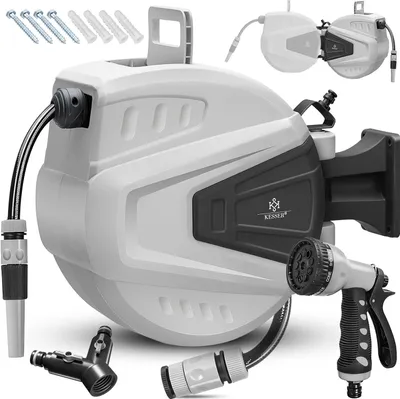 Produktbild von KESSER® Schlauchtrommel Wasser Schlauchaufroller Inkl. 2-Wege-Verteiler + Multi-Handbrause Wasserschlauchtrommel Automatik | 180° Schwenkbar | Wandhalterung | Gartenschlauch | Orange