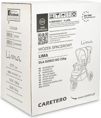 The image shows the packaging of a stroller, with product details and branding.