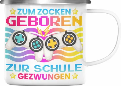 Produktbild von Trendation - Gamer Emaille Tasse Geschenk Jungen Zocker Mitbringsel Männer Zocken Gaming Geschenkideen PC Kinder Zubehör Spruch Lustig Zur Schule Gezwungen (Silber)
