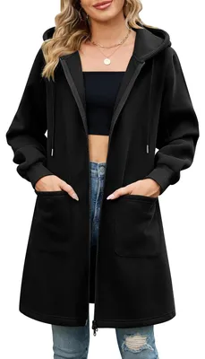 Immagine prodotto di Omgoods - Felpa con cappuccio e zip per donna - Felpa lunga in pile casual con tasche, ideale per l'uso all'aperto