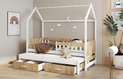 Obrázek produktu pro Dětská domečková postel s přistýlkou 80x180 BAZRIA - bílá / dub shetland, pravé provedení