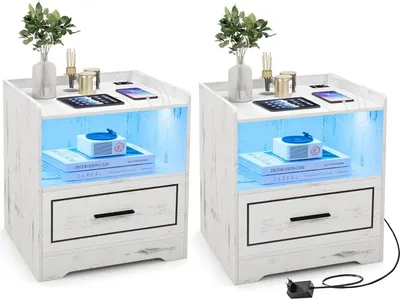 Produktbild von 2er Set Nachttisch mit LED-Leuchte, 1 USB & Type-C-Anschluss & Körperinduktionsfunktion, Sofatisch mit Schublade & offenen Fächern, 45x40x50cm (Weiß)