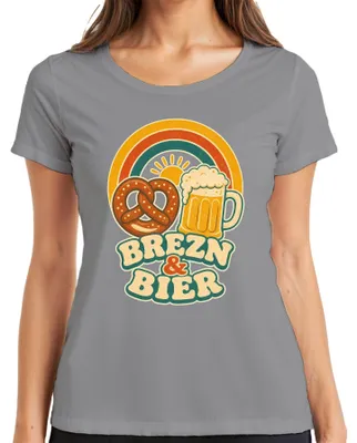 Immagine prodotto di Maglietta da donna, colore grigio, taglia L, a tema , con immagini di Brezn & Bier, Bayern Wiesn, e motivi tradizionali come Lederhose (pantaloni di pelle) e Dirndl (abito tradizionale bavarese)