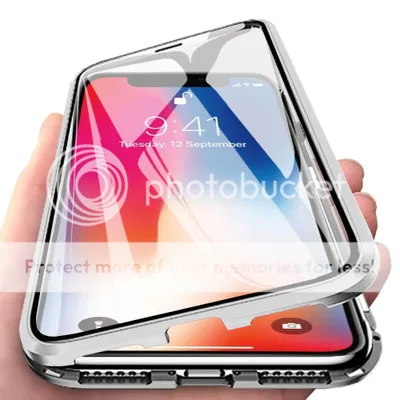 Image de coque iPhone X, coque en verre trempé avec adsorption magnétique, cadre en métal, coque de protection complète pour iPhone X Silver
